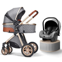 Gray and brown 3-in-1 baby stroller and car seat set for outdoor walks and park visits.