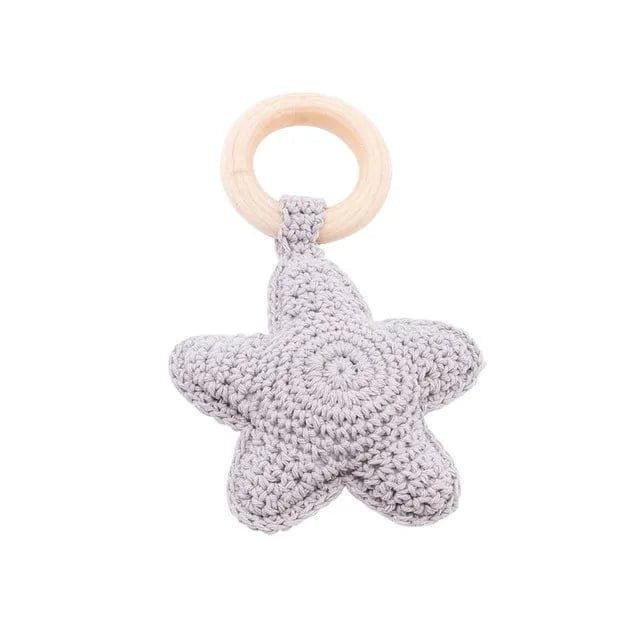 Gray cloud crochet wooden baby rattle and teether ring, a colour variant option for nursery gifting.
