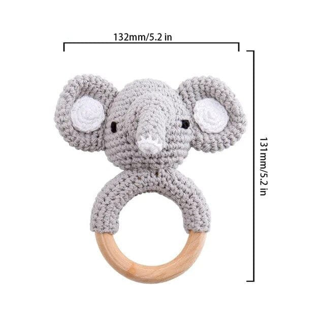 Gray elephant head crochet wooden baby rattle and teether ring, a colour option for nursery gift sets.