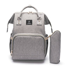 Parent Travel Diaper Bag gray backpack with a comfort back panel for long stroller walks.