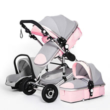 Gray and pink 3-in-1 baby stroller with canopy for sun protection during outings.