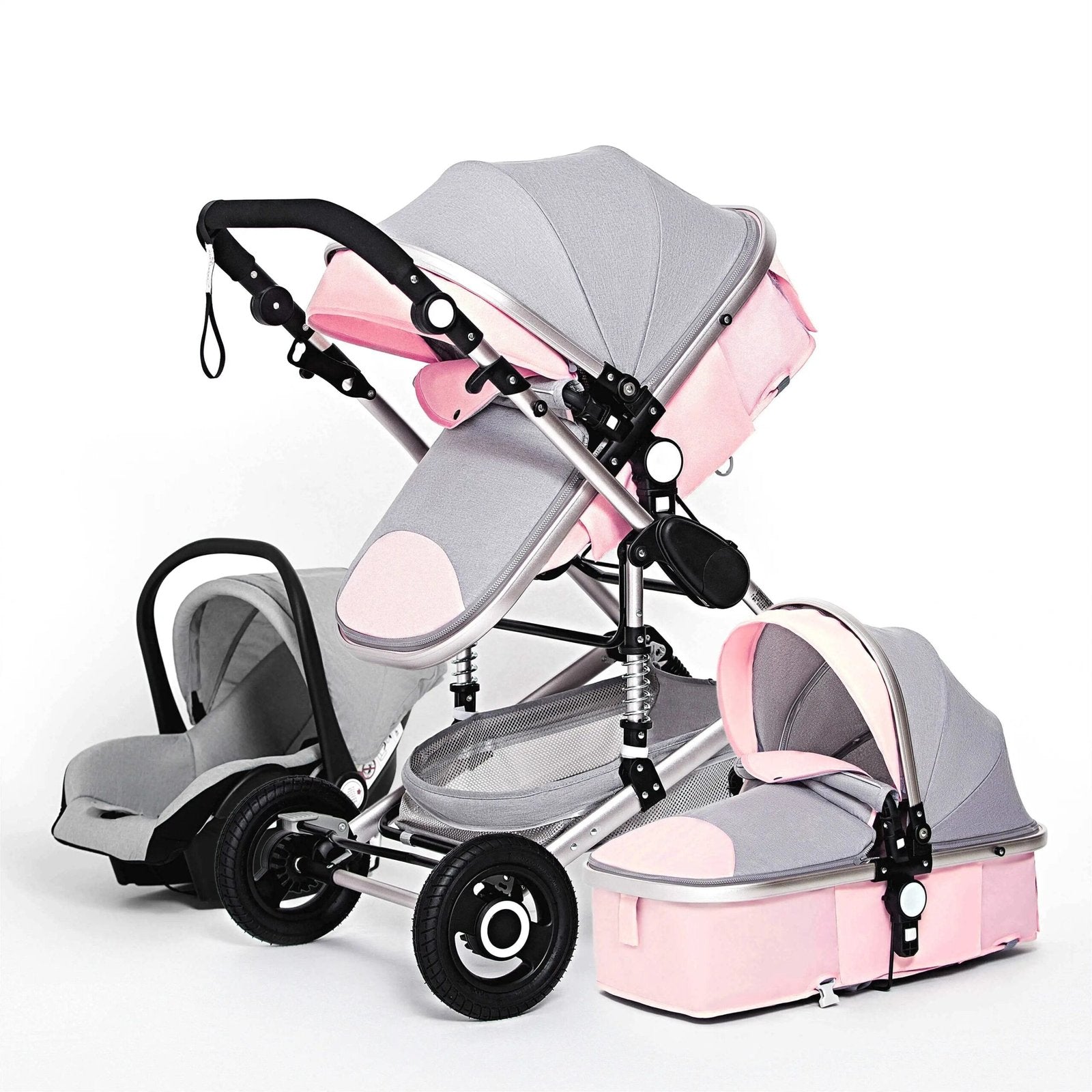 Gray and pink 3-in-1 baby stroller in high landscape carriage mode for better visibility.