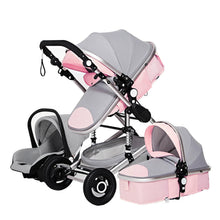 Gray and pink 3-in-1 baby stroller with two seats for elegant family outings.