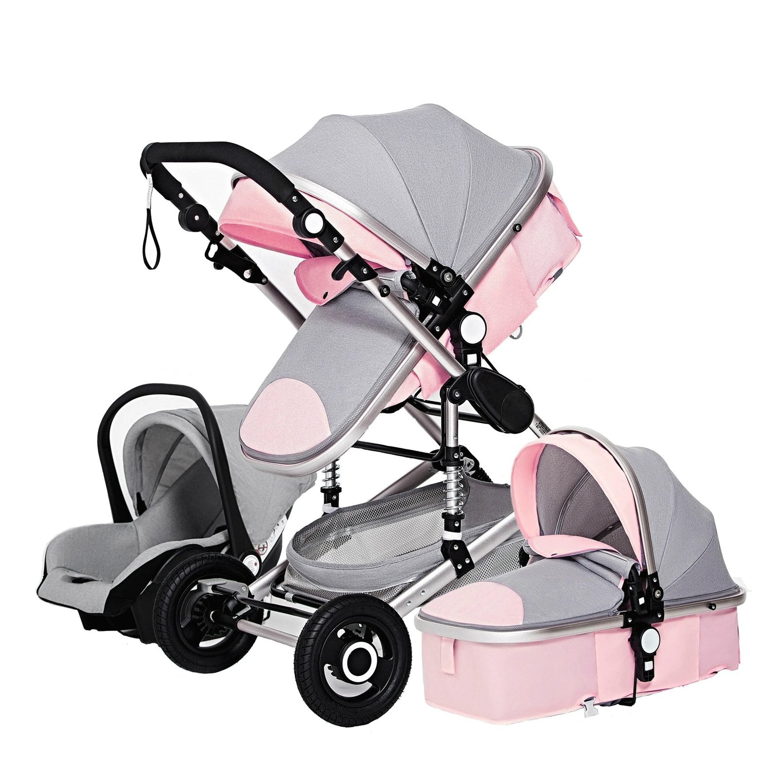 Gray and pink 3-in-1 baby stroller with two seats for elegant family outings.