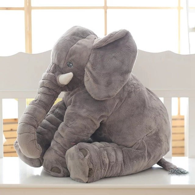 Gray plush elephant toy back rest cushion, a gentle support pillow for baby naps and quiet play.