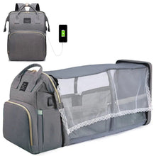Mommy travel backpack with baby bed in gray, featuring a USB charging port and crib extension.