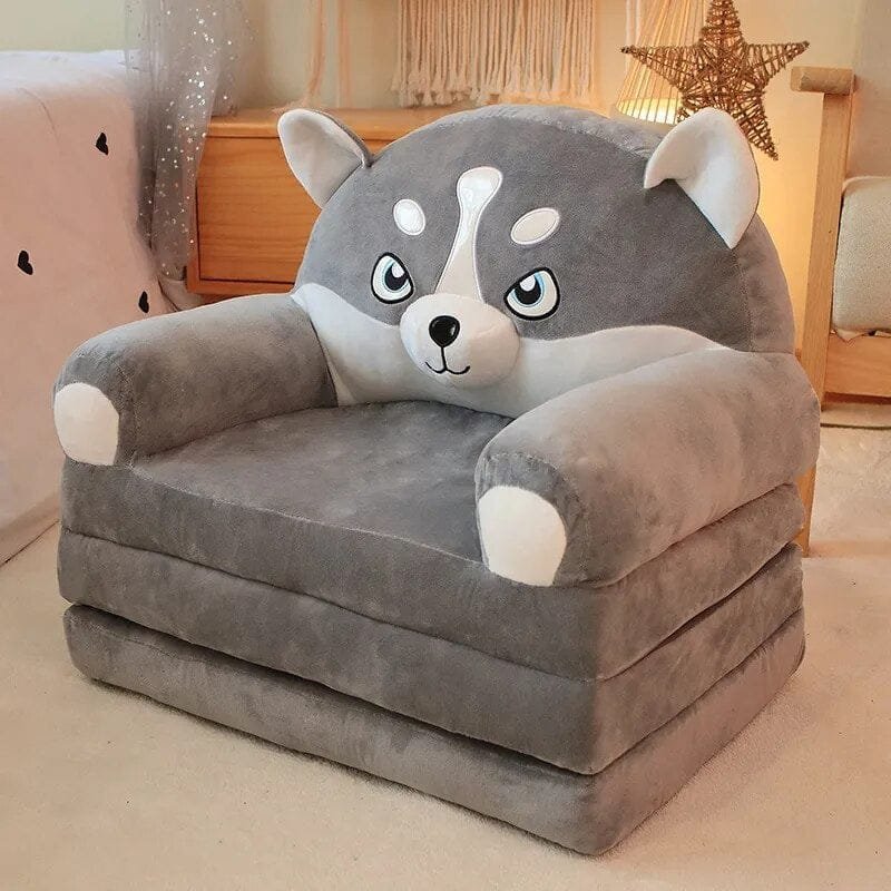 Gray wolf plush stuffed animal baby support seat close-up showing the head design for nursery decor.