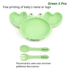 Personalized Baby Crab Plate Set in green with fork and spoon for toddler self-feeding and weaning meals.