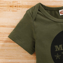 Green baby short sleeve top with letter print for warm-weather dressing and casual newborn outfits.
