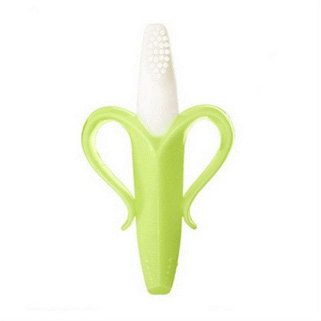 Green banana baby teether with soft bristles for gum massage, teething soothing, and early toothbrush training.