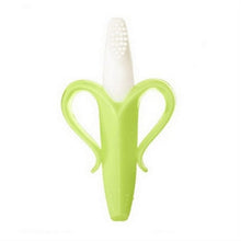 Green banana baby teether with soft bristles for gum massage, teething soothing, and early toothbrush training.