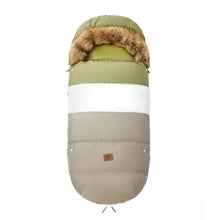 Green and beige stroller footmuff with fur trim styled as a seat cover, adding warmth to prams and bouncers.