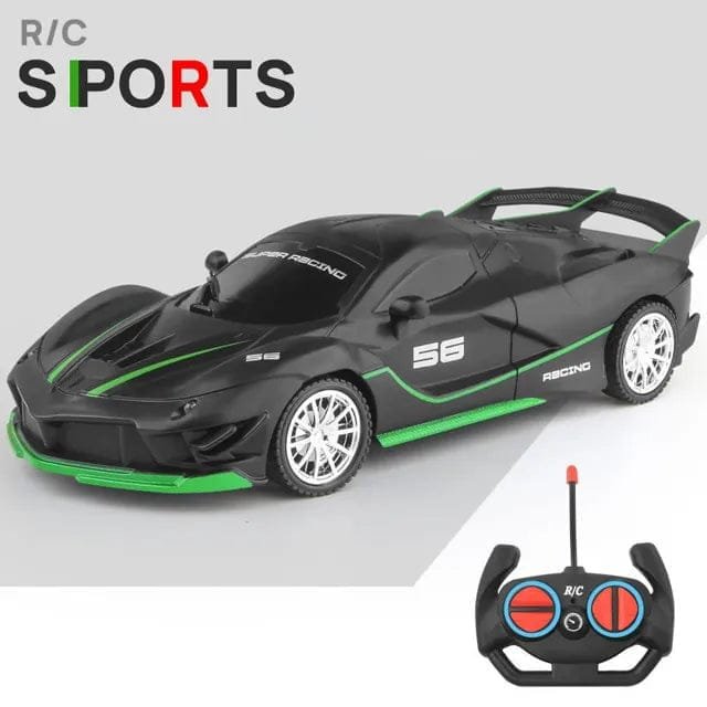 Green and black RC drift racer with 2.4GHz remote and LED lights for evening racing fun.