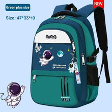 Green and blue orthopedic kids backpack with space theme for comfortable school carrying every day.