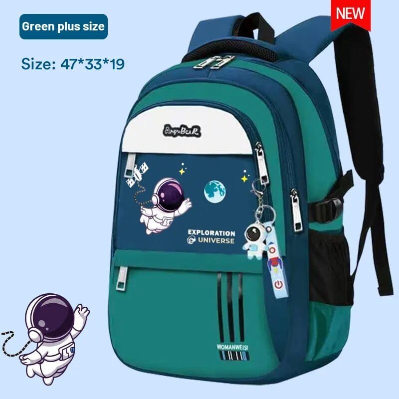 Green and blue space print school backpack with large capacity for boys carrying books, files, and lunch.