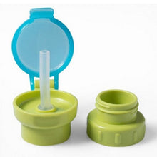 Green and blue twist cap straw bottle lid for toddler spill free drinking during play, travel, and mealtimes.