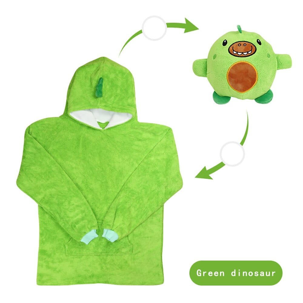 Green dinosaur pet hoodie blanket for children, fleece loungewear for chilly evenings, sleepovers, and cosy weekend mornings.