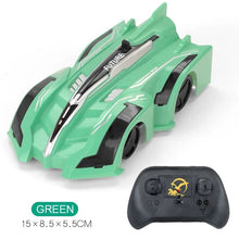 Green Wall-Climbing RC Car with flashing lights and remote for drift racing and adventurous wall-crawling play.