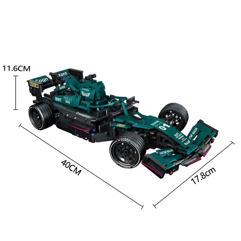 Green F1 Formula RC racing car model with size dimensions shown for building block assembly.