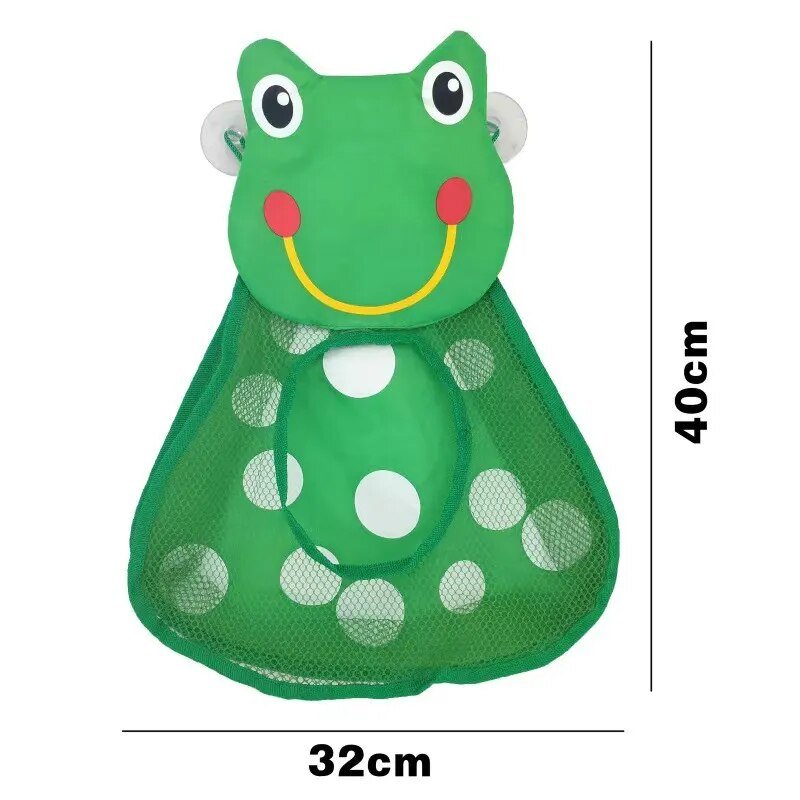 Green frog mesh bath toy holder bag with measurements for bathroom organizing.