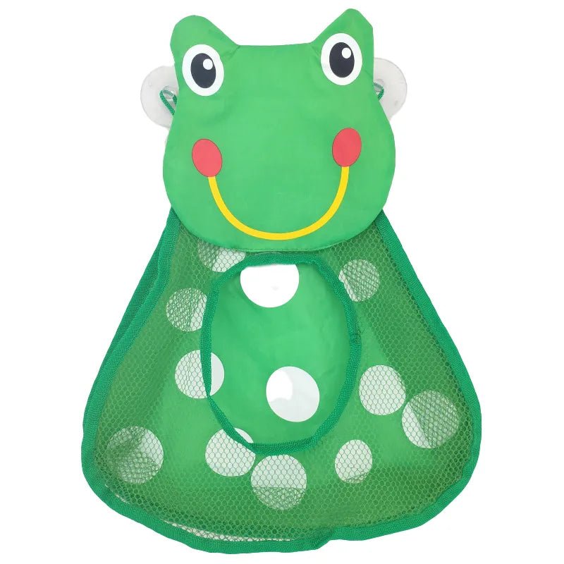 Green frog-shaped mesh net bag product detail for organizing baby bath toys neatly.
