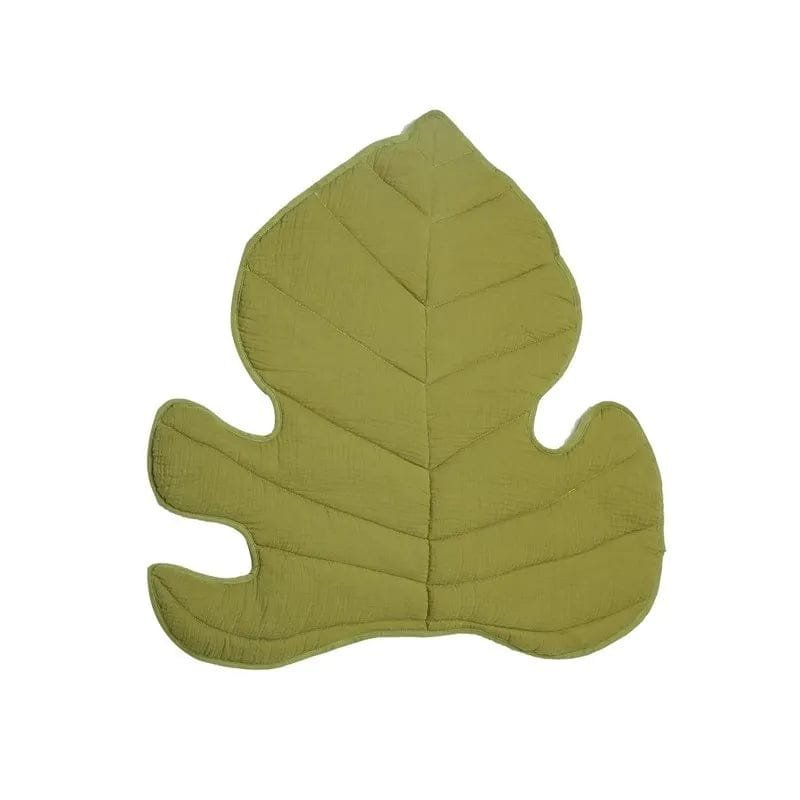 Green leaf cushion pendant for the wooden baby gym, encouraging reaching and visual tracking.