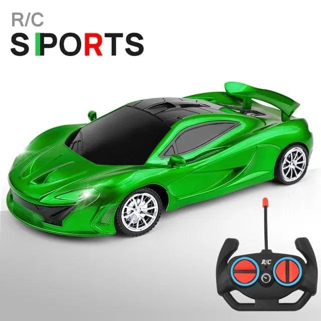 Green LED RC sports drift car and remote for high-speed racing and outdoor play with friends.