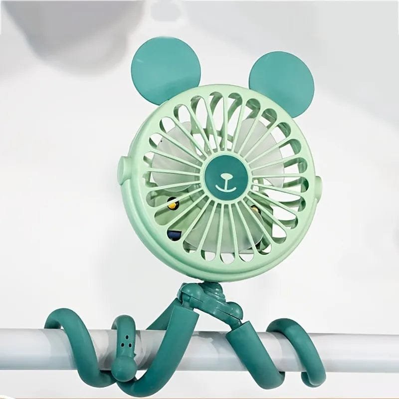 Green octopus portable fan with flexible legs for stroller, buggy, and desk use during summer outings.
