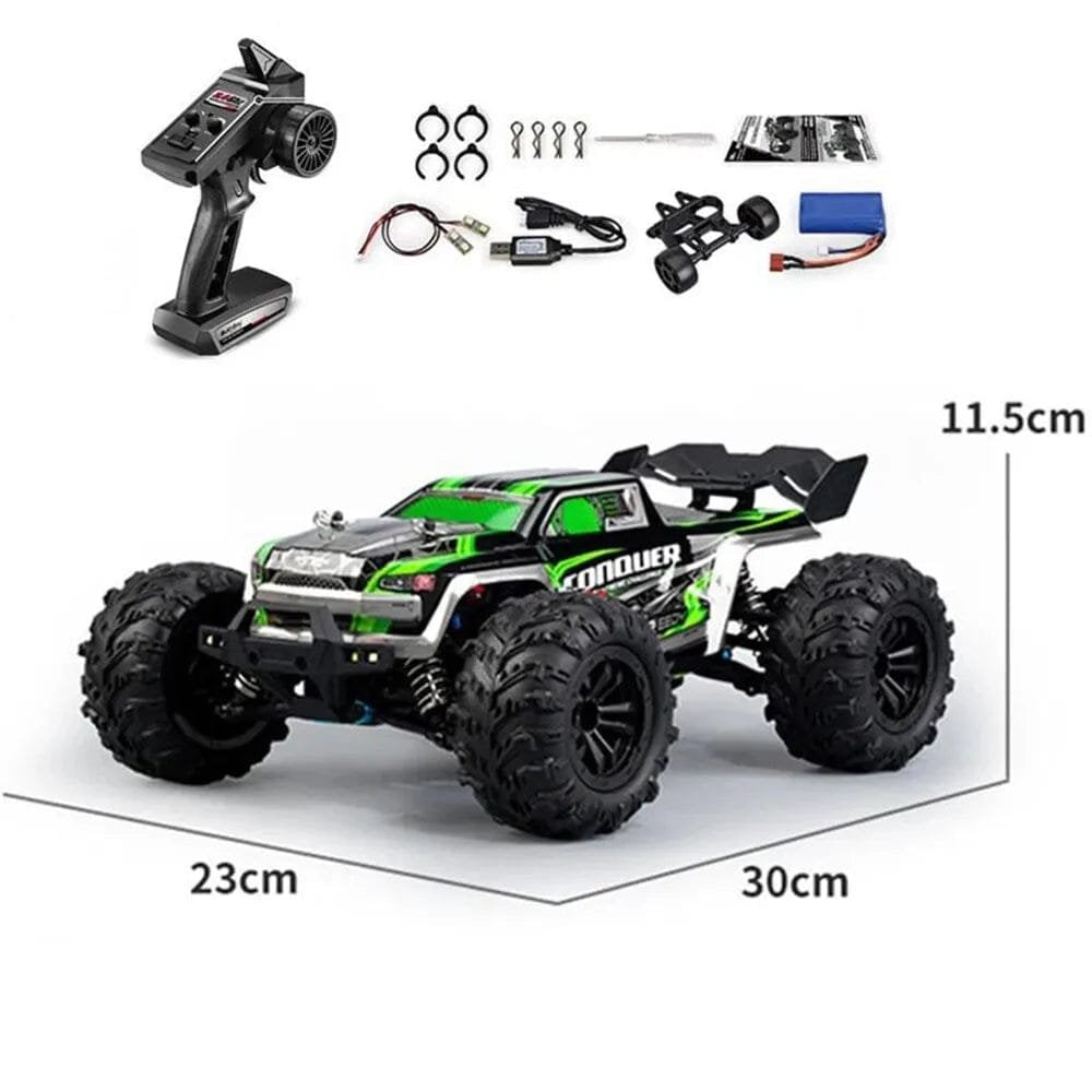 Green RC monster truck with remote, accessories and dimensions shown, a complete set for outdoor racing fun.