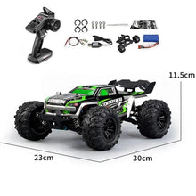 Green RC monster truck with remote, accessories and dimensions shown, a complete set for outdoor racing fun.