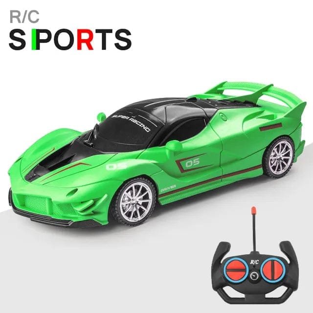 Green RC sports drift toy car with LED lights and remote for high-speed racing sessions.