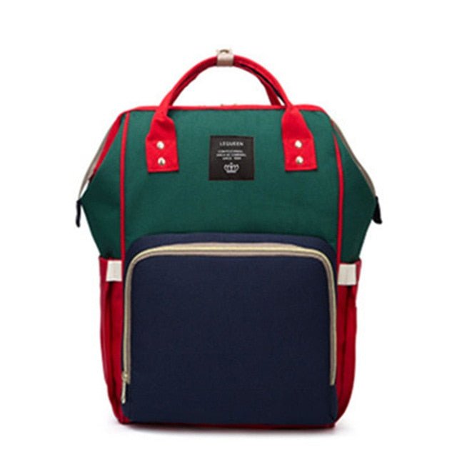 Green and red diaper bag practical and spacious view for everyday maternity baby care.
