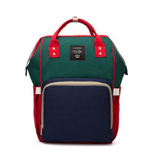 Green and red diaper bag practical and spacious view for everyday maternity baby care.