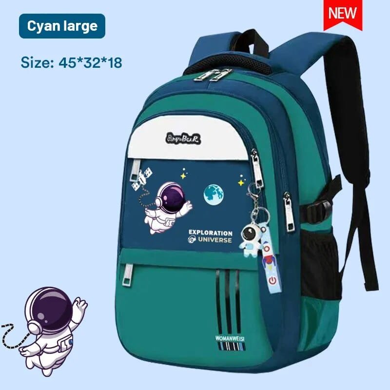 Green space print orthopedic school bag with large book storage for busy primary school timetables.