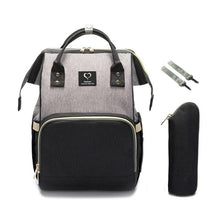 Grey and black maternity nursing backpack with stroller hooks for carrying baby care supplies during outings and school runs.
