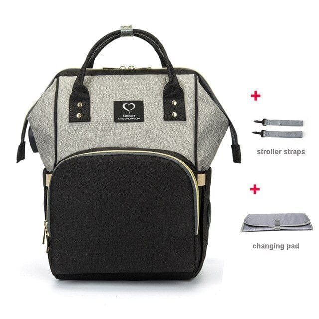 Grey and black USB Large Capacity Nappy Bag travel organiser for nappies, bottles, and wipes during busy days.
