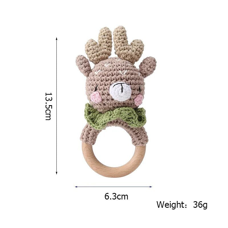Grey Elk Crochet Wooden Teether rattle variant for everyday teething relief and quiet stroller entertainment.