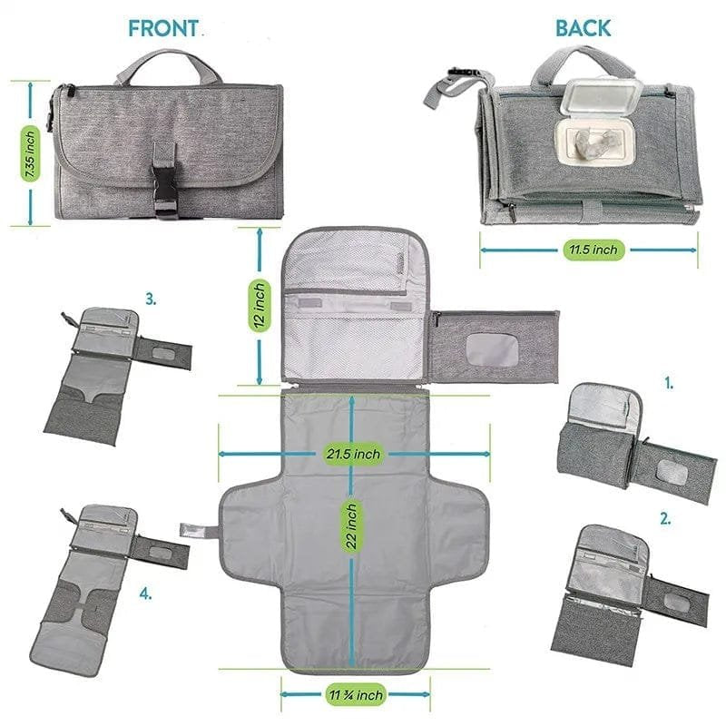 Size measurements of the grey foldable diaper changing pad for checking fit inside a changing bag before travel.