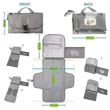 Size measurements of the grey foldable diaper changing pad for checking fit inside a changing bag before travel.