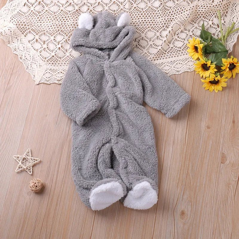 Grey hooded baby romper with white paw details for autumn outings and comfortable playtime.