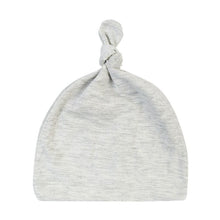 Grey knotted newborn baby cap in soft cotton for warm, breathable head coverage during naps.