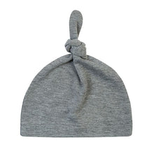 Grey newborn cotton knot beanie as a unisex baby hat for everyday wear and hospital bag packing.