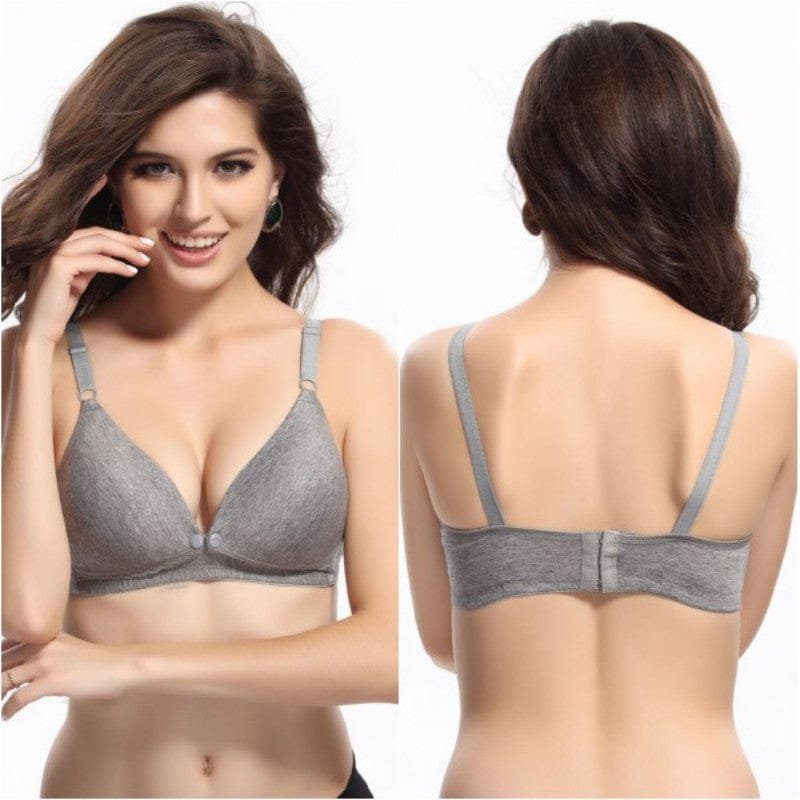 Underwear Breast Feeding Bra in grey shown front and back for supportive nursing wear and comfortable sleeping.