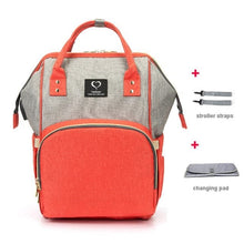 Grey and orange USB Large Capacity Nappy Bag with changing pad for travel days, nursery drop-offs, and outings.