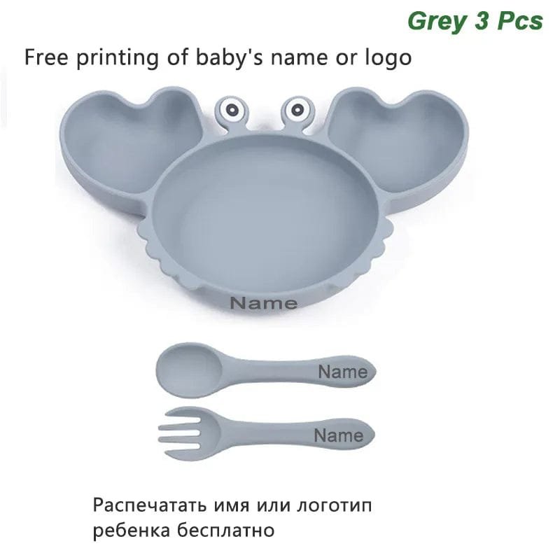 Grey personalised crab plate, spoon, and fork set, a practical baby mealtime gift for christenings and birthdays.