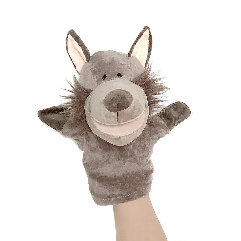 Grey wolf Animal Hand Puppet soft plush toy for baby storytelling, bedtime routines, and early language play.