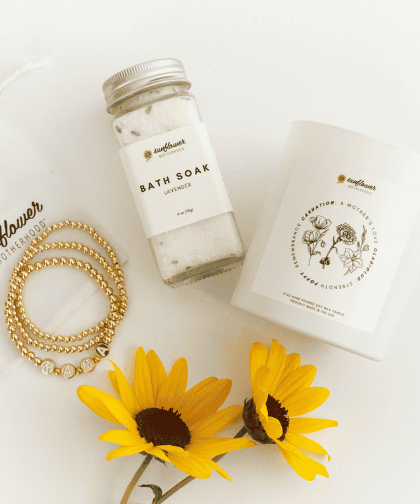 Bath soak jar, soap bar, and sunflower 