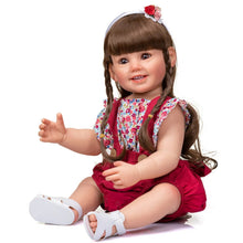 Hand-painted Cammi Smile Reborn Doll in silicone with floral overalls and 3D realism for keepsake collecting and nursery display.
