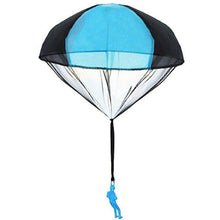 Parachute toy with a blue figure hanging from it.