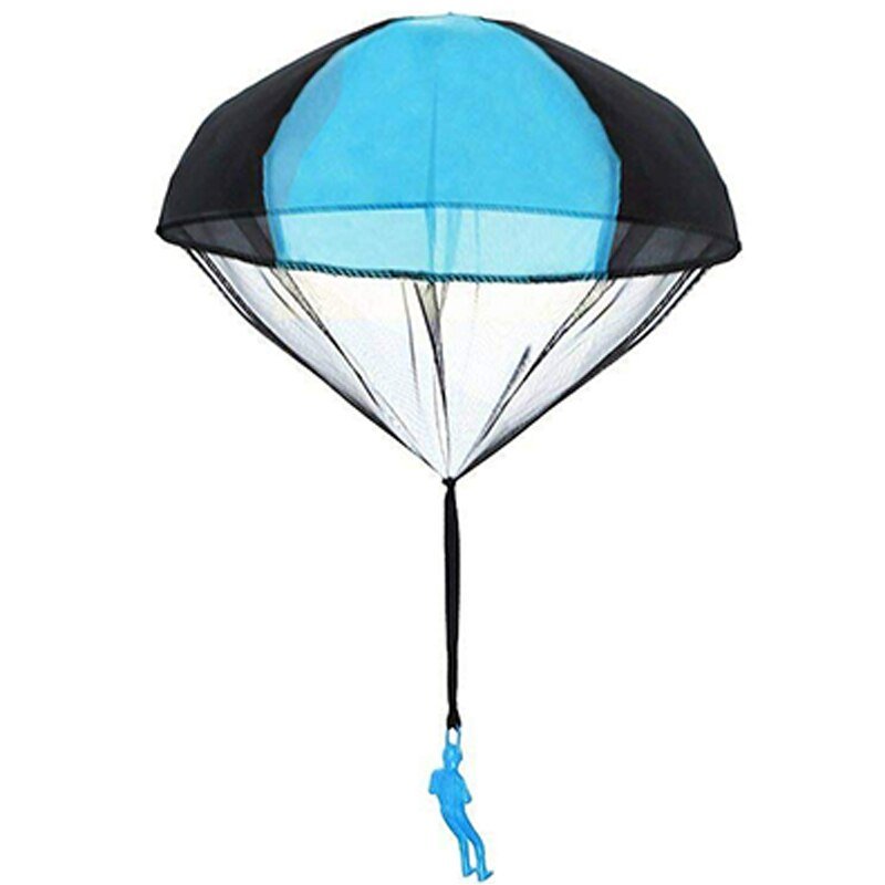 Parachute toy with a blue figure hanging from it.